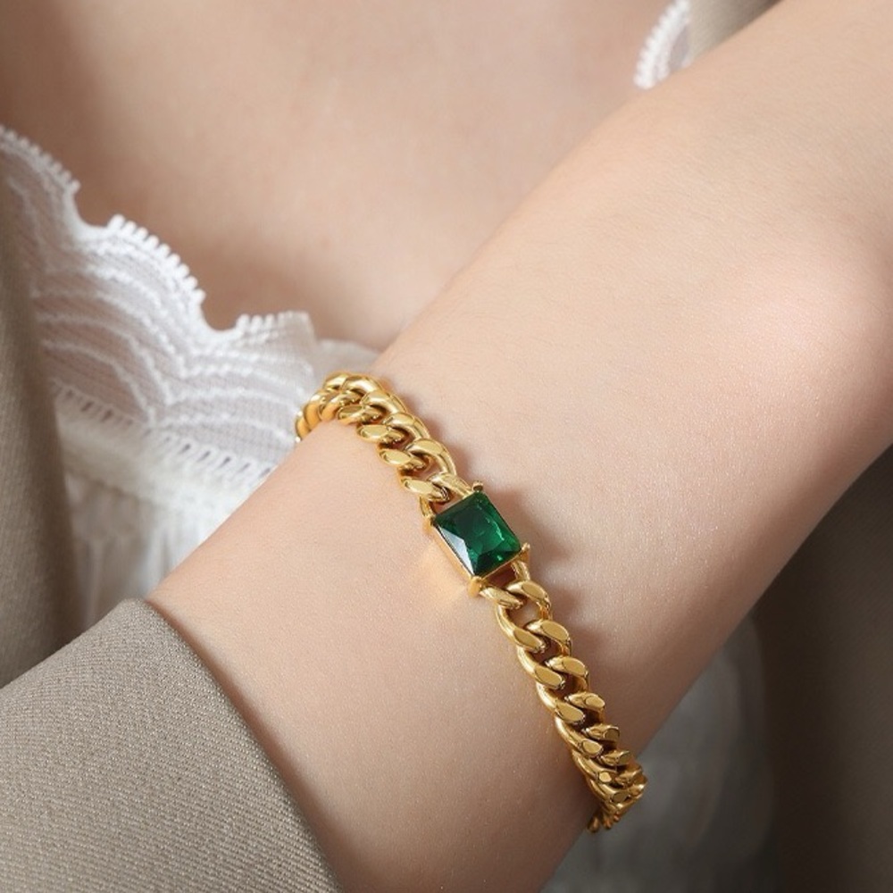 18K Gold Plated Cuban Chain Bracelet*Emerald Green Bracelet*Waterproof*LW